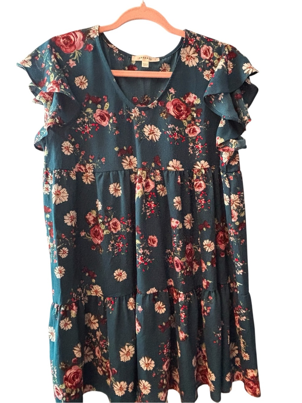 Emerald Floral Babydoll Mini Dress Small Teal Ruffle Sleeve Cottagecore
